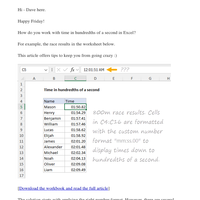 Excel time in hundredths of a second