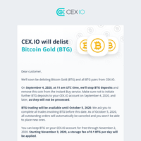 BTG will be delisted from CEX.IO soon