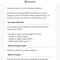 【IMPORTANT】Notification: Introducing Email Verification to Safeguard Dormant Accounts - Chatwork